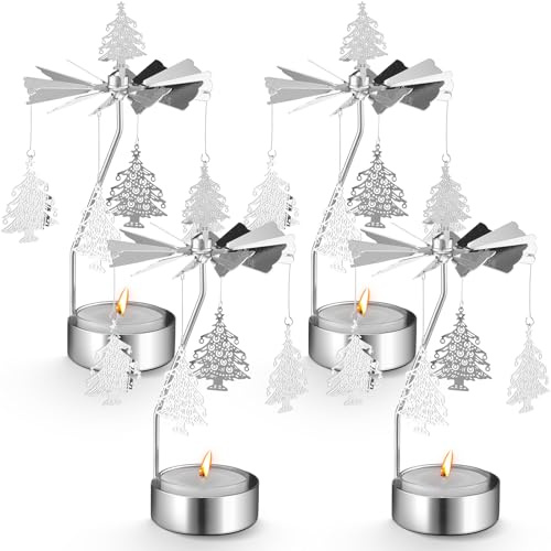 Layhit Portavelas giratorio de Navidad, 4 unidades, portavelas giratorio de metal, portavelas giratorio plateado, portavelas para adorno de Navidad, decoración del hogar, regalo (estilo árbol de