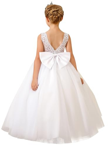 PLWEDDING elegant spets broderi blomsterflicka klänning för bröllop barn V-rygg balklänning med rosett, Vit, 12-13 år