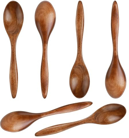 6pcs Small Wooden Spoons, 5.7in Wood Teaspoon Handmade Serving Spoons Mini Table Spoon for Cooking Condiments Honey Spoons Daily Use(Light Brown)