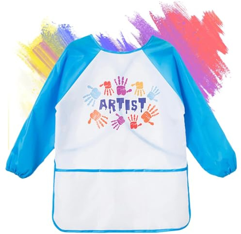 WKRTDY Tablier Peinture Enfant, Imperméable, Manches Longues, Unisex, Bleu, 2-8 ans
