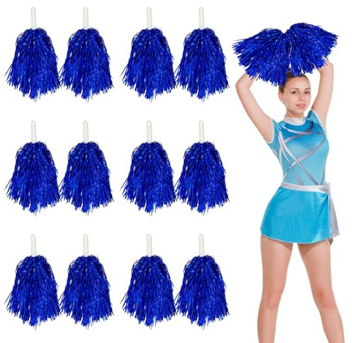 12pcs Cheerleading Pom Poms with Handle - Metallic Foil Cheerleader Pompoms for Sports Team Spirit Cheering Party Dance Night Party (Blue)