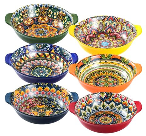Henten Home Ciotole con Manici, Piatti da Insalata, Piatti da Portata Set di 6 Ciotole, Colorato Stile Bohémien, Piatti Ceramica per Pasta, Insalata, Frutta