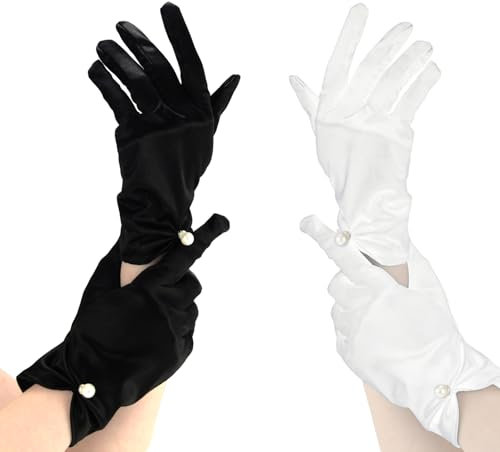 OMIGA 2 Paar Kurze Satin Handschuhe Damen Elegant Höflichkeits Sommer Hochzeits Oper Dinner Handschuhe (Weiße/Schwarz)