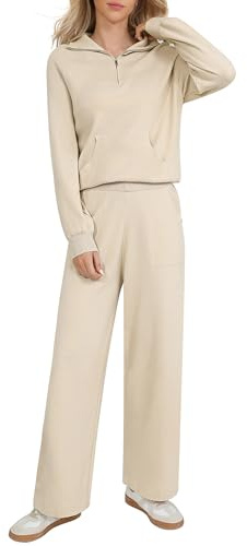 Totatuit Conjunto Punto Mujer 2 Piezas Conjunto de Salón de Manga Larga Color Sólido Conjunto Mujer Vestir Dos Piezas Top y Pantalon Deportivo Suelto Conjuntos Albaricoque L