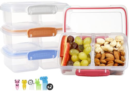 Greentainer Contenitori per snack in plastica per bambini, confezione da 4 scatole Bento con 2 scomparti, contenitori da viaggio per snack, panini, frutta, caramelle, alimenti, senza BPA, lavabili in