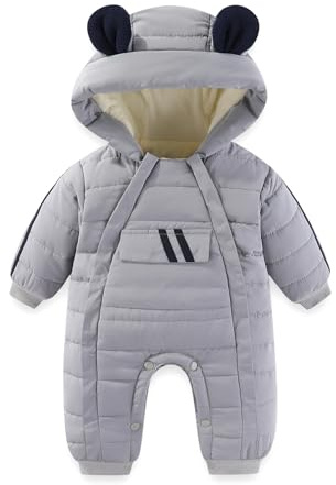 JiAmy Baby Girls Boys Winter Snowsuit Warm Hooded Romper Bear Double Zip Up Jumpsuit 12-18 Months Grey