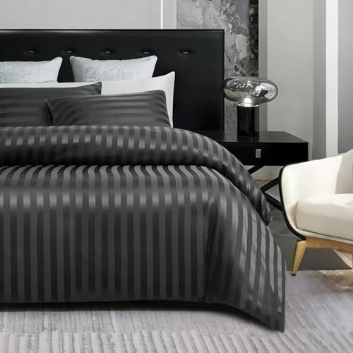Gezu - Funda nórdica de 220 x 240 cm, satén gris antracita, brillante, lujo, satén a rayas, juego de cama de 220 x 240 cm, suave seda, ropa de cama para 2 personas, adulto, con cremallera y 2 fundas