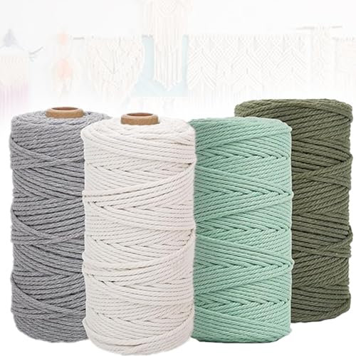 Abiemuce Makramee Garn 4er Set, 3mm x 100m Macrame Cord MakrameeSchnur MakrameeKordel, Baumwollkordel in Naturtönen für DIY Handwerk, Weben Dekoration, Hängepflanze Pflanze Aufhänger, Baumwollseil