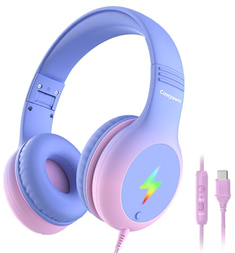 Cowyawn Casque filaire USB de type C pour enfants avec microphone, limiteur de volume 85/94 dB, casque filaire USB C pour garçons/filles/école/tablette/voyage/iPad/iPhone, violet