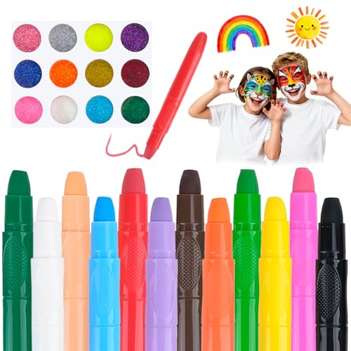 12 Farben Schminkstifte Kit für Kinder, Abwaschbare Kinderschminke Set mit 12 Glitzertönen, Face Paint Bodypainting, Sicher und Ungiftig, für Geburtstagsfeie, Babybauch Bemalen, Colsplay, Fasching