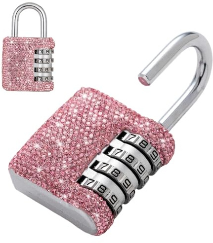 Bling Combination Lock for Locker Crystal 4 Digit Code Locks Outdoor Padlock for Gym, School, Sports, Fence, Toolbox, Gate, Case, Room, Hasp Storage (Pink)