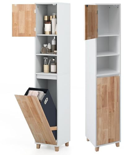 LIFEZEAL Armoire de salle de bain, haute avec panier à linge et étagère, étroite avec compartiments ouverts, multifonction, pour salle de bain, salon