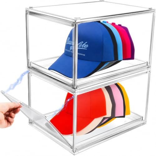 Hokoad Paquete de 2 organizadores de sombreros para gorras de béisbol, organizador de gorras de béisbol transparente apilable con bandeja deslizante, vitrina acrílica con puerta magnética, caja de