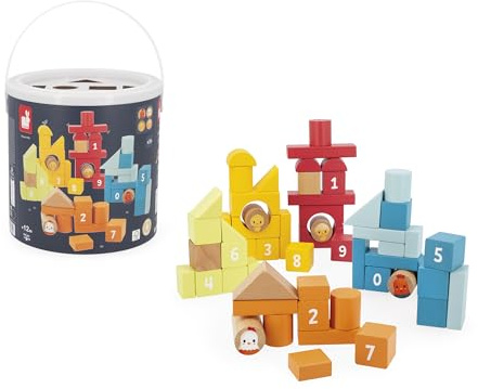 Janod - Baril 56 Pièces en Bois avec différentes Formes, Motifs, Numéros, Couleurs - Mon Premier Jeu de Construction - Boîte à Formes intégrée - Jeu d'Imitation - Dextérité & Créativité - Dès 1 an