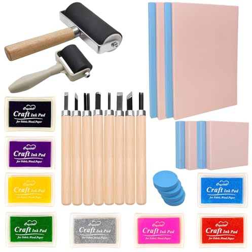 HRJZF 30 Pieces Rubber Stamp Carving Blocks Set with Rubber Carving Blocks, Carving Tools and Sharpening Stone for Creating Artistic Prints, Card Making Printing Making
