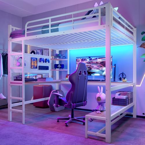 Wyibwy Cama alta de 140 x 200 cm para niños, con tira LED y toma USB + tipo C, metal litera de matrimonio con escritorio y varios estantes, panel perforado, con escaleras y barandilla, color blanco