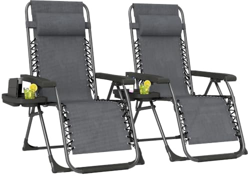 Outsunny Zero Gravity Chairs Set of 2 Folding Adjustable Dark Grey | Sunloungers, Garden Recliners, Cup Holder, Headrest, Reclining Garden Chairs, Patio, Beach, Terrace, Camping