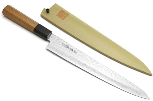 Yoshihiro cubiertos Nsw martillado Damasco Sujihiki cuchillo, paleta