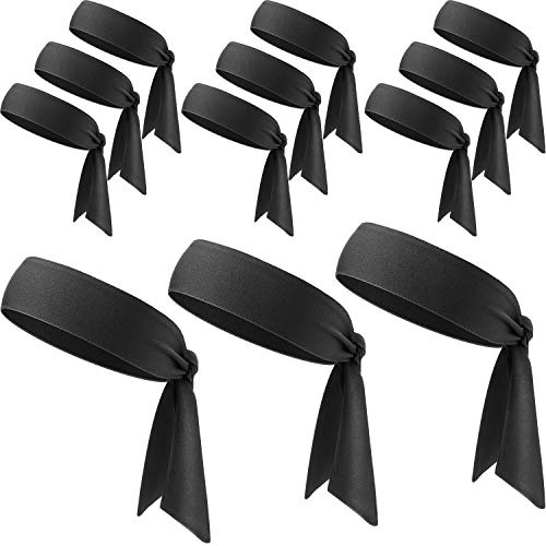 WILLBOND 12 Pieces Tie Headbands for Women Men Dry Sports Athletic Sweatband Adjustable Elastic Head Band for Basketball Tennis Running Workout Ninja Karate(Black)