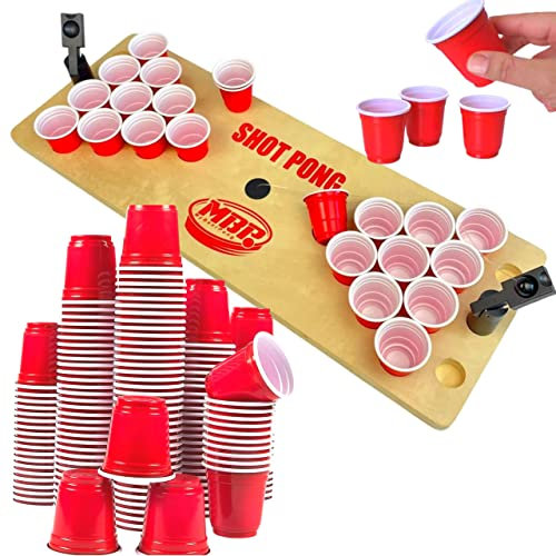 MYBEERPONG® XXL Shot Pong Bierpong Partyset mit 72 Red Shotcups + 2 Balllauncher | Trinkspiel für Erwachsene ab 18 | Lustige Party Spiele, Mini Pong als Party Gadget für Geburtstag & Festival