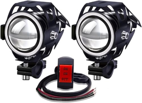 YnGia Focos delanteros de motocicleta con halo azul 12V 24V, 2 luces de circulación diurna para motocicleta, faros antiniebla LED con interruptor de 3 cables, faros auxiliares para motocicleta U7