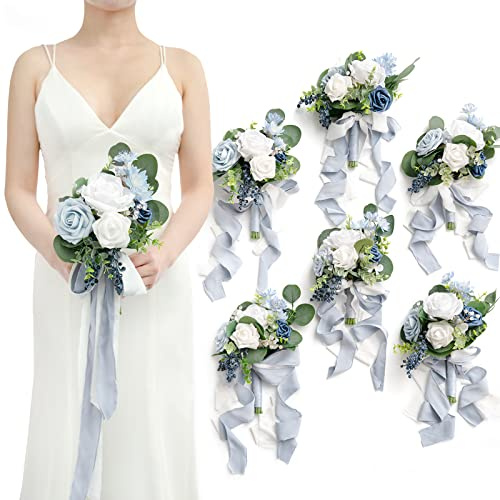 Ling's moment Artificial Bridesmaid Bouquets Set of 6,Dusty Blue Wedding Flower Bouquets White Rose Floral Bouquet Bridal Bouquets with Ribbon,Ceremony,Anniversary,7-inch Diameter