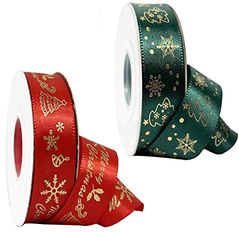 2 Rotoli 20 Iarde Nastri Natalizi, Nastro Regalo per Confezioni Regalo, 20 mm Larghezza Verde/Rosso Nastro Natalizio per Decorazioni, l'artigianato, Natale, Matrimonio, Cucito, DIY (10 Iarde/Rotoli)
