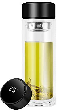 Botella infusora de té – Taza portátil de doble pared de vidrio con filtro de acero inoxidable – Vaso de té – Botella difusora de agua para té suelto flor de hierbas (negro)