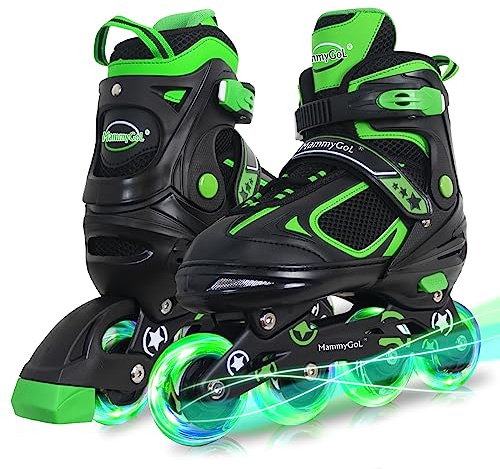 MammyGol Adjustable Inline Skates for Boys Girls Kids Youth with Light up Wheels, Green Beginner Blades Roller Skates for Boys Size 5 6 7 8 Ages 6-12
