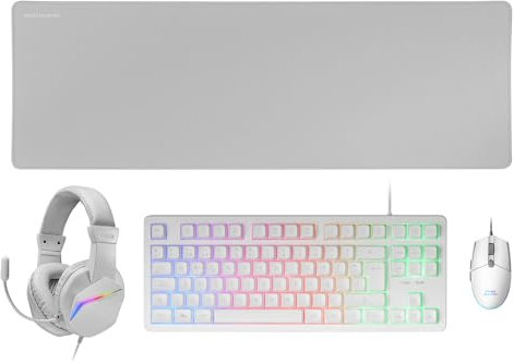 Mars Gaming MCP-RGB3, Pack Gaming Teclado Fixed RGB + Ratón Gaming RGB Flow 3200 dpi + Auriculares Over-Ear RGB + Alfombrilla XXL, Blanco, Idioma Portugués