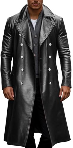 Caxndycing Manteau en Cuir Hommes Moyen Âge Noir Trench Coat Automne Hiver Fashions Slim Fit Long Manteau Steampunk Gothique Veste Loisirs Vintage Cosplay Costume Grande Taille, Noir , XL