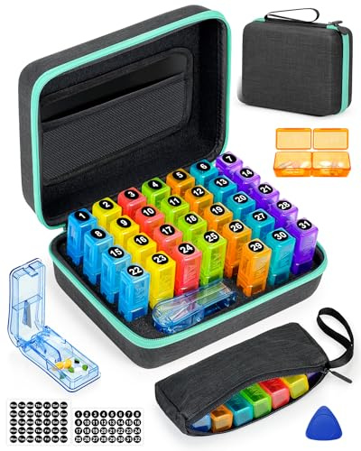 Monthly Pill Organizer 2 Times a Day, with Portable Hard Shell, Pill Cutter, 31-Day Box, Plastic Opening Pick, Monthly & Weekly Stickers, Convenient Medication Management (Black, 2 Times a Day)