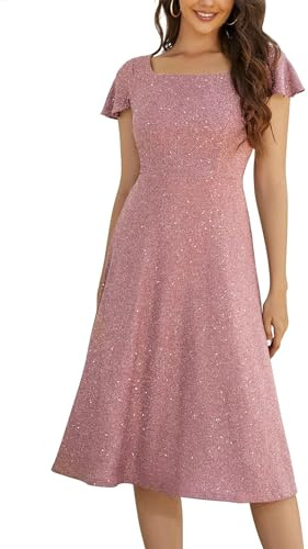 Berylove Robe de Soirée Longue à Paillettes - Col Carré - Cocktail Festive avec Manches - d'Invité de Mariage