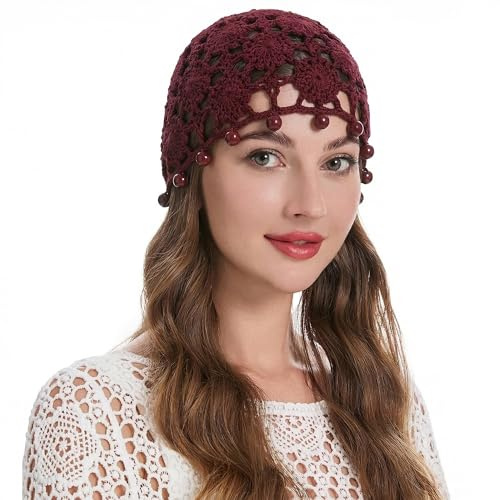 ZLYC Women Cotton Crochet Skull Cap Handmade Knit Cutout Floral Beanie Hat, Bead Burgundy, one Size fits Most