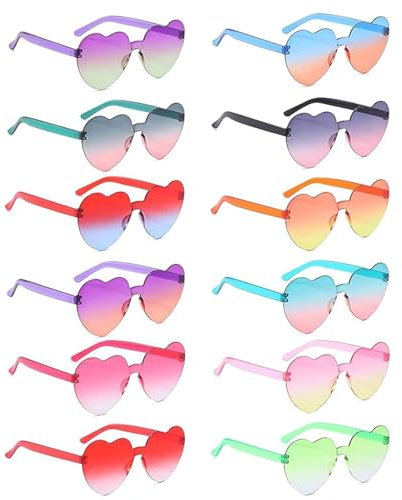 12 Stück Herz Sonnenbrille, Herz Party Brillen, Lustige Partybrillen, Randlose Hippie Herzförmige Brille, Retro Transparent Randlose Herzbrillen für Herren Damen Party Kostümzubehör(12 Farben)