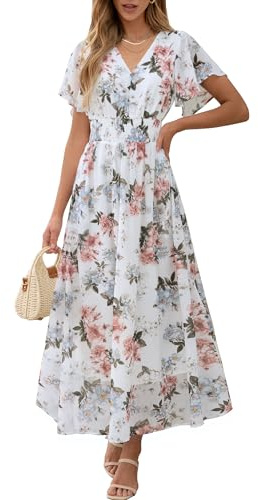 ANRABESS Womens Summer Floral Maxi Dress Casual V Neck Short Sleeve Chiffon Boho Flowy Beach 2026 Wedding Guest Long Dresses White Flor Medium