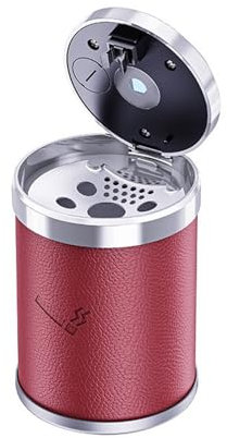 GeoYien Car Ashtray, Automatic LED Light, Leather Windproof Ashtray with Lid, Large Capacity Flame Retardant for Car or Travel, Home Office, Outdoor Use, Red