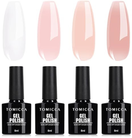 TOMICCA - Set di 4 smalti da polimerizzare in lampada UV/LED per nail art fai da te, colori bianco latte, rosa, per uso professionale e fai da te, 8 ml