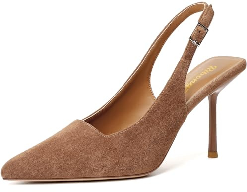 RIBONGZ Slingback Taupe Heels for Women Suede Heels Closed Pointy Toe Sexy Pumps Stiletto High Heeled Casual Wedding Bridal Party Office to Evening Dress Shoes 7