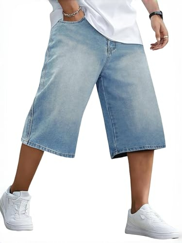 LuminBlaze Short en jean baggy pour homme Coupe décontractée Vintage Jambes larges Jorts Y2K Streetwear Hip Hop Décontracté Shorts en denim longs, L