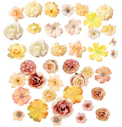 Dtoterul 40 Piezas Cabeza de Flores Artificiales Flores Artificiales Decoracion Mixtos Falsas Decorativas para DIY Tarta Boda Fiesta Hogar Mesa(Amarillo +Naranja)