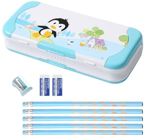 LilyBeauty Plastic Pencil Case with School Supplies,Cute Pencil Box for Students Includes 5 Pencils, 2 Erasers, Sharpener, Ruler Set and Pencil Holder, Back to School Gift for Kids (Blue Penguin)