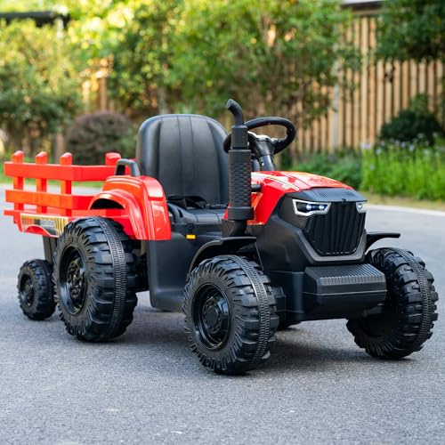 24V Kids Ride-On Tractor with Trailer, 400W Electric Farm Truck with Remote & Pedal Control, Headlights, USB MP3, Power Display, Adjustable Speeds, Safety Belt, Ride-On Toy Gift, Red