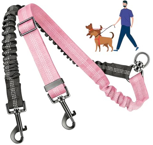 Correa Doble para Perros, Sin Enredos, 360° Rotatable, Reflectante, Ajustable, Doble Divisor de Correa para Perro, Correa para Dos Perros Juntos, para Perro Pequeños, Medianos y Grandes, Nego+Rosa