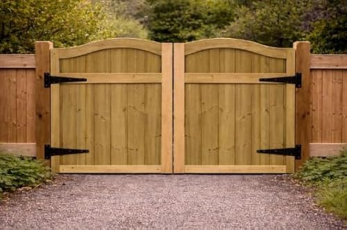 Wooden Swan Neck Driveway Gates closeboard – Heavy Duty Treated Timber Double Gates, Garden & Driveway Entrance, Traditional (180cm High x 240cm Wide x5cm Deep)