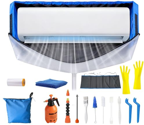 Kit Limpieza Aire Acondicionado con Bolsa de Ajustable y Paneles Laterales, Limpieza de Aire Acondicionado Split para Hogar (M, Azul-Blanco Transparente)