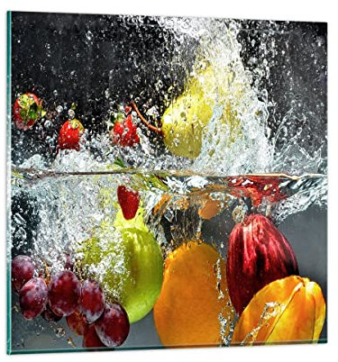 Moderne Impression sur Verre Fruits eau éclaboussures nourriture Image Tableau en Verre Decoration Murale 60x60cm Deco Cadre Salon Chambre Carré Grand Tableaux Decoratifs Muraux Art GAC60x60-2972