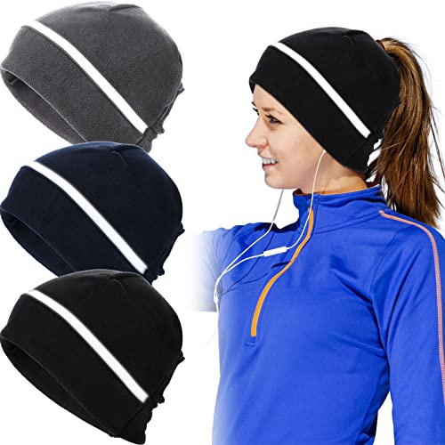 HICARER 3 Stück reflektierende Fleece-Laufmütze für Pferdeschwanz, Sicherheitsmütze mit Ohrabdeckungen, kaltes Wetter, Totenkopfkappe, Schwarz, Dunkelgrau, Marineblau, Einheitsgröße