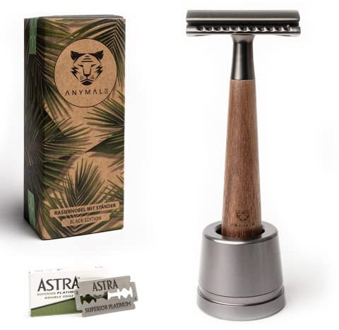ANYMALE® Rasierhobel aus Walnussholz - Set mit Ständer und 5 ASTRA Klingen - Zero Waste Rasierer für Damen und Herren