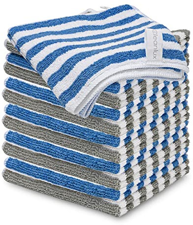 Paños de limpieza de microfibra, 6 unidades, 32 x 32 cm, microfibra multiusos, lavables y reutilizables, rayas azules y grises, paños de limpieza de microfibra para cocina, baño, coche, hogar, paquete